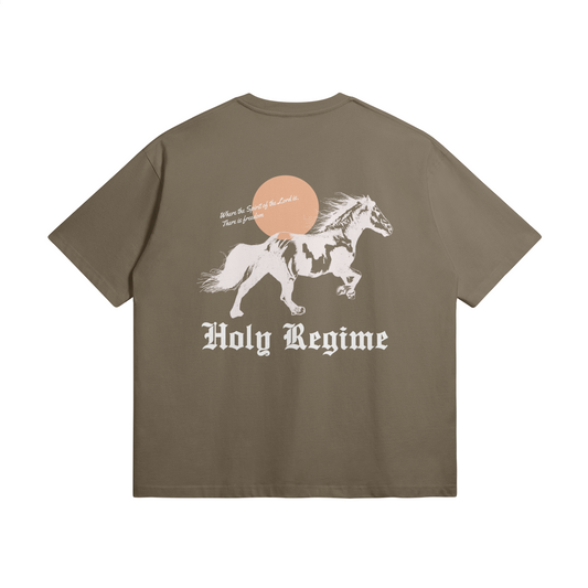 oversized t-shirt, faith-based clothing, Holy Regime, Christian apparel, spiritual freedom, happiness, sunset, horse, where the spirit of the Lord is there is freedom, heavyweight t-shirt, Christian clothing brand, faith-inspired fashion, holy regime, make heaven crowded