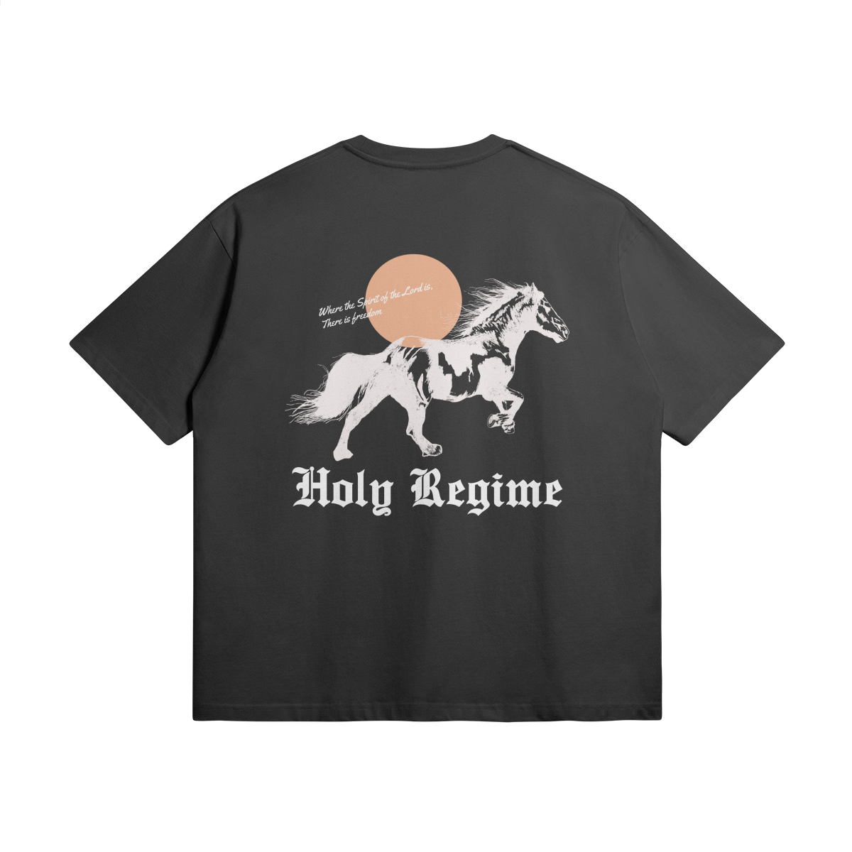 oversized t-shirt, faith-based clothing, Holy Regime, Christian apparel, spiritual freedom, happiness, sunset, horse, where the spirit of the Lord is there is freedom, heavyweight t-shirt, Christian clothing brand, faith-inspired fashion, holy regime, make heaven crowded