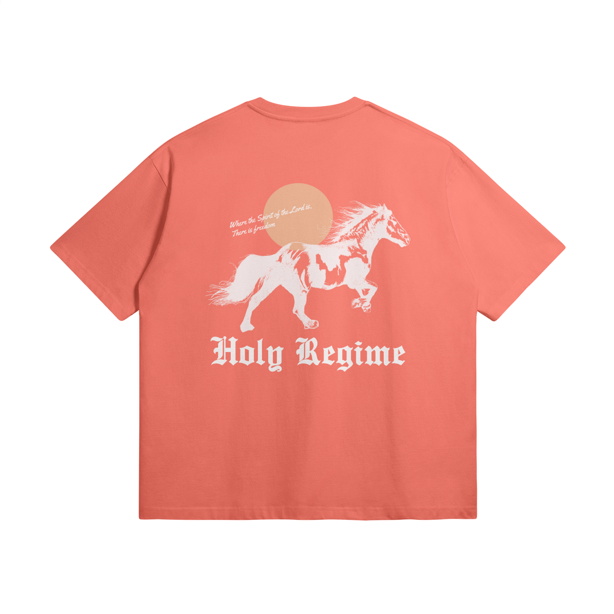 oversized t-shirt, faith-based clothing, Holy Regime, Christian apparel, spiritual freedom, happiness, sunset, horse, where the spirit of the Lord is there is freedom, heavyweight t-shirt, Christian clothing brand, faith-inspired fashion, holy regime, make heaven crowded