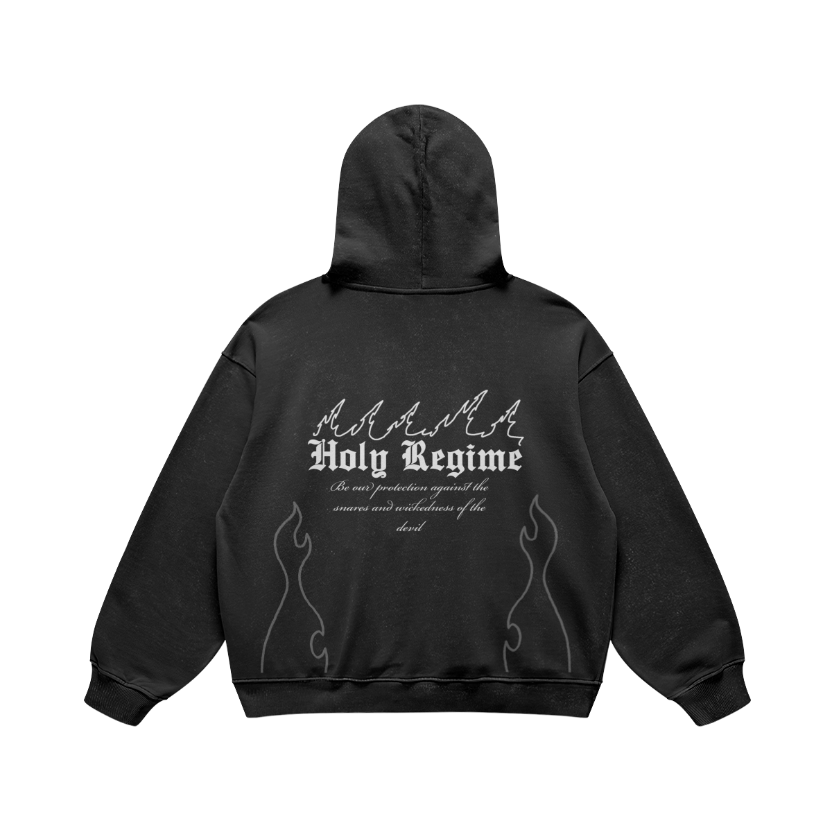 oversized hoodie, faith-based clothing, Holy Regime, flames, protection, Christian apparel, heavyweight hoodie, Christian clothing brand, faith-inspired fashion, reliance on God, divine guidance, holy regime, make heaven crowded