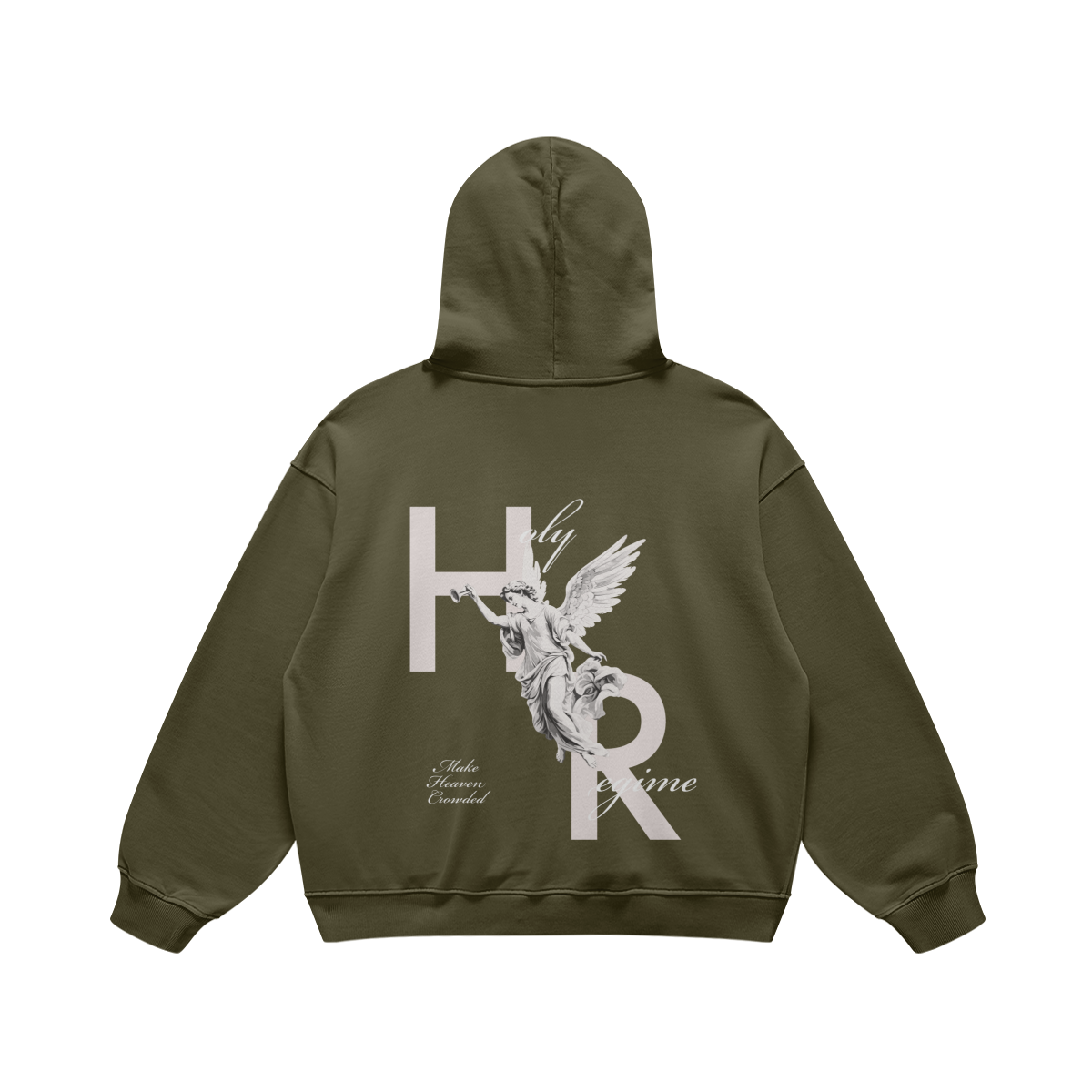 oversized hoodie, faith-based clothing, Holy Regime, angel, trumpet, Make Heaven Crowded, Christian apparel, heavyweight hoodie, Christian clothing brand, faith-inspired fashion, evangelism, spreading the gospel.