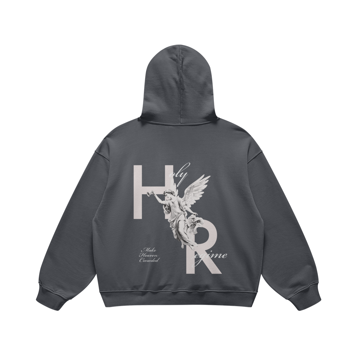 oversized hoodie, faith-based clothing, Holy Regime, angel, trumpet, Make Heaven Crowded, Christian apparel, heavyweight hoodie, Christian clothing brand, faith-inspired fashion, evangelism, spreading the gospel.