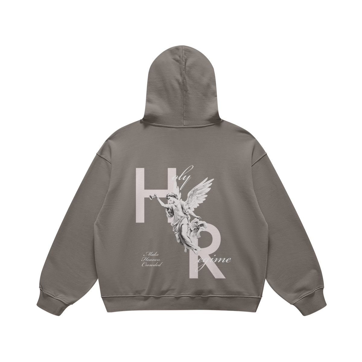 oversized hoodie, faith-based clothing, Holy Regime, angel, trumpet, Make Heaven Crowded, Christian apparel, heavyweight hoodie, Christian clothing brand, faith-inspired fashion, evangelism, spreading the gospel.