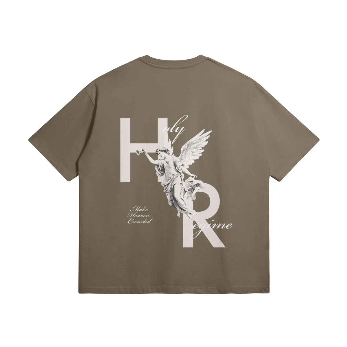 oversized t-shirt, faith-based clothing, Holy Regime, angel, trumpet, Make Heaven Crowded, Christian apparel, heavyweight t-shirt, Christian clothing brand, faith-inspired fashion, evangelism, spreading the gospel.