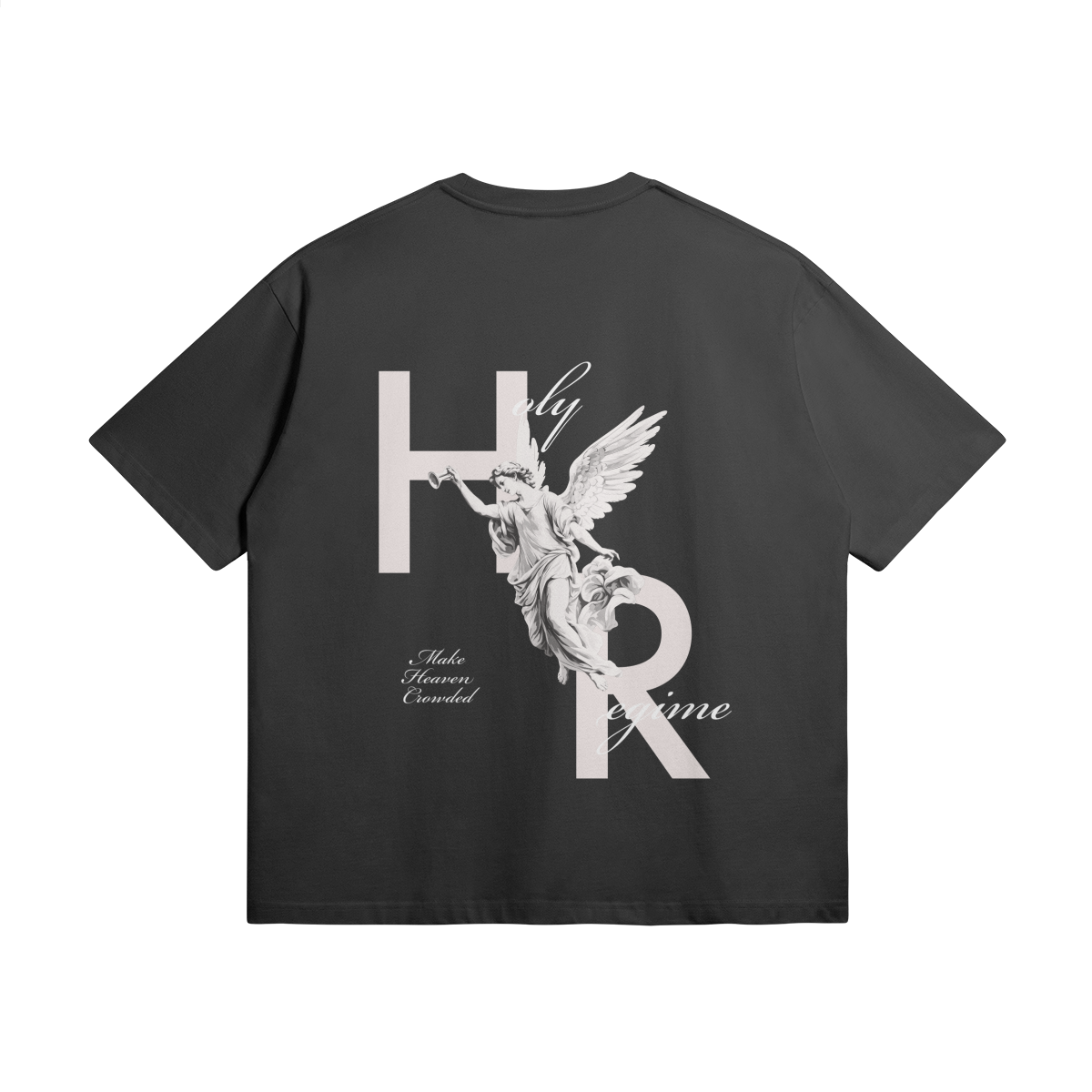 oversized t-shirt, faith-based clothing, Holy Regime, angel, trumpet, Make Heaven Crowded, Christian apparel, heavyweight t-shirt, Christian clothing brand, faith-inspired fashion, evangelism, spreading the gospel.