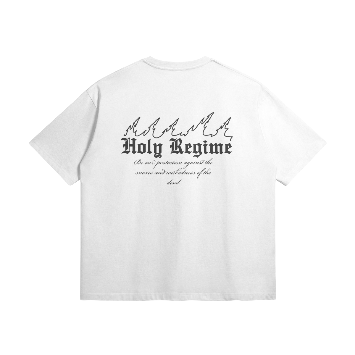 oversized t-shirt, faith-based clothing, Holy Regimes, flames, protection, Christian apparel, heavyweight t-shirt, Christian clothing brand, faith-inspired fashion, trust in the Lord, divine guidance, holy regime, make heaven crowded